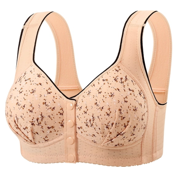Plus Size Front Closure Bras for Women Floral Printed Wireless Seniors Comfortable Bras, Beige 44