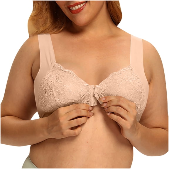 Plus Size Front Closure Bras for Women Lace Push-Up Wireless Bralettes Seamless Comfy Bra Everyday, 36/80BCD Beige