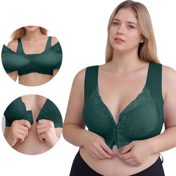 Plus Size Front Closure Bras for Women Lace Push-Up Wireless Bralettes Seamless Comfy Bra Everyday, 38/85BCD Green
