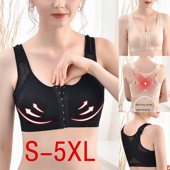 Plus Size Front Closure Sports Bras Non Padded Breathable Posture Bra Full Coverage Workout Yoga Bra Wireless Adjustable Strap Gym Bra