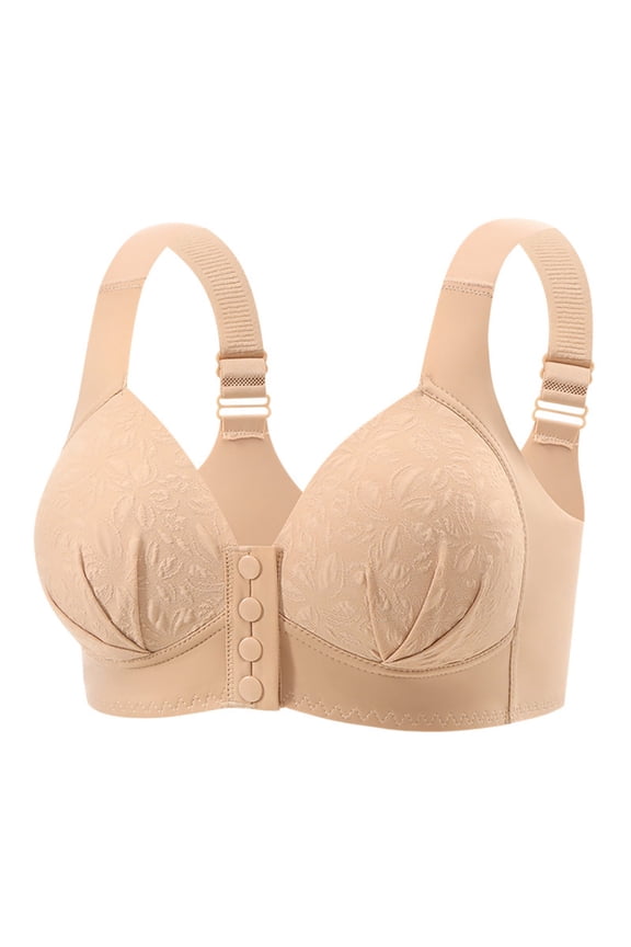 Plus Size Front Closure Wireless Bra Womens Convenient Lightly Padded Floral Stretchy Bralette Adjustable Straps Everyday Wear Low Back Bras for Lady Large Bust Beige 44