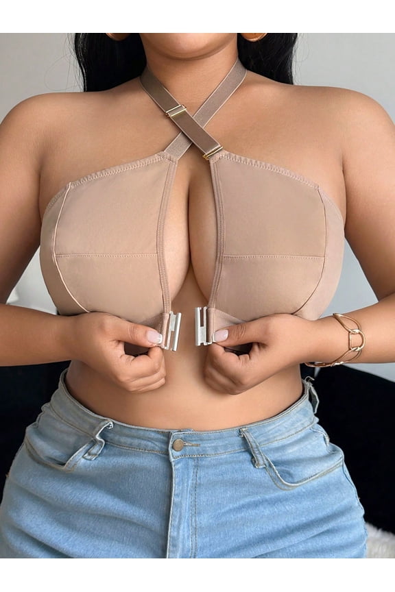 Plus Size Front Closure Wireless Comfort Halter Bra 0XL
