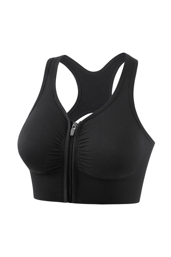 Plus Size Front Zip Sports Bra for Women, Medium Support Wirefree Breathable Yoga Gym Running Bra Black,Size 4XL