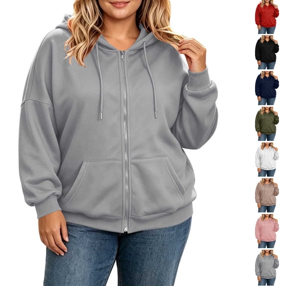 Plus Size Full Zip Hoodie for Women Ghalytn Oversized Long Sleeve Jacket - Casual Sweatshirt with Kangaroo Pocket