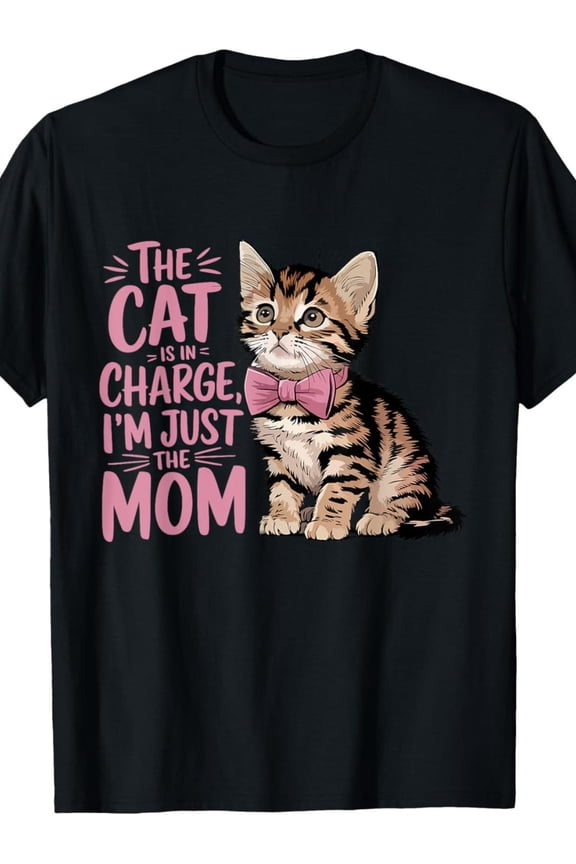 Plus Size Funny Cat Mom T-Shirt Suitable for Cat Lovers, Spotted Kitten & Pink Bow Tie Design, Soft Vintage Short-Sleeve Round-Neck Casual Shirt, Black Large Size for Casual Attire or Gift
