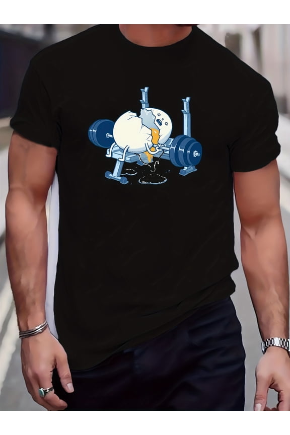 Plus Size Funny Lifting Broken Egg Graphic Tees For Male, Oversized Causal T-shirts For Summer Fitness Leisurewear, Men Clothing