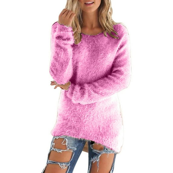 Plus Size Fuzzy Tunic Sweaters Womens Soft Plush Long Sleeve Pullover Crewneck Faux-fur High Low Hem Trendy Tops (5X-Large, Hot Pink)