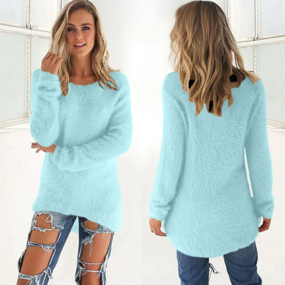 Plus Size Fuzzy Tunic Sweaters Womens Soft Plush Long Sleeve Pullover Crewneck Faux-fur High Low Hem Trendy Tops (Large, Sky Blue)