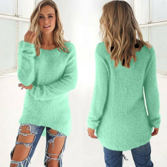 Plus Size Fuzzy Tunic Sweaters Womens Soft Plush Long Sleeve Pullover Crewneck Faux-fur High Low Hem Trendy Tops (Small, Green)