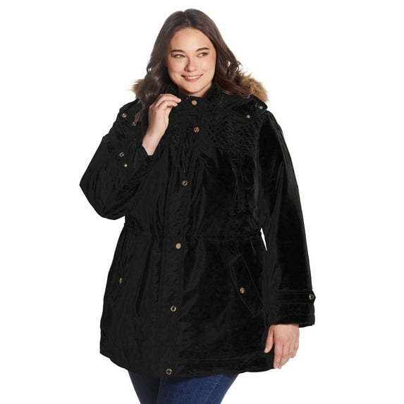 Plus Size Gallery Hooded Faux-Fur Trim Heavyweight Jacket Color: Black Size: 1X