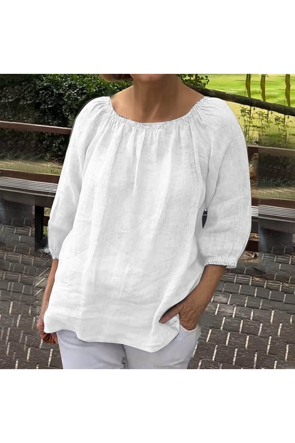 Plus Size Gauze Tops for Women 3/4 Sleeve Casual Ruched Loose Fit Pullover Cotton Linen Shirts S-5XL