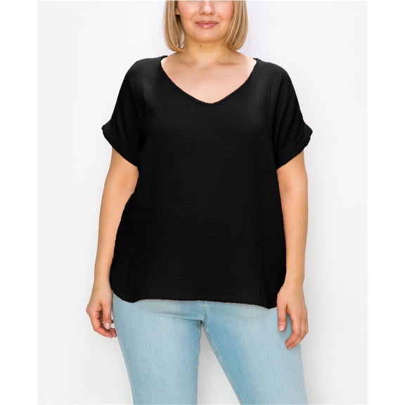 COIN 1804 Womens Gauze Tunic Blouse, Black, Plus Size, 3X