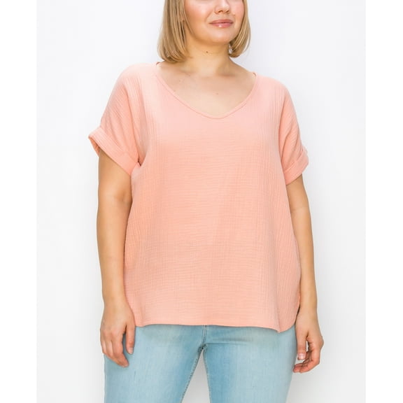 Plus Size Gauze V-neck Rolled Sleeve Top Papaya 1X