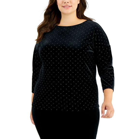 Plus Size Gift Giving Dew Drop Velour Dot-Print Top Anne Black/Gold 2X