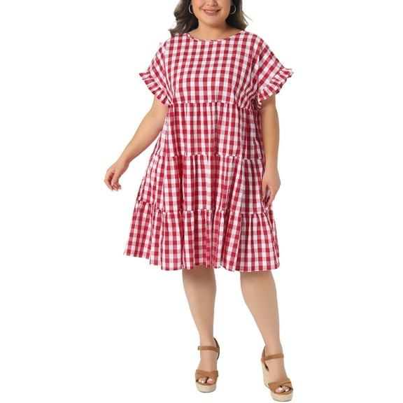 Agnes Orinda Women's Plus Size Valentines Day Gingham Dresses 1950s Plaid Round Neck Ruffle Sleeve Tiered Babydoll Summer Casual Midi Dress with Pocket 2X Red