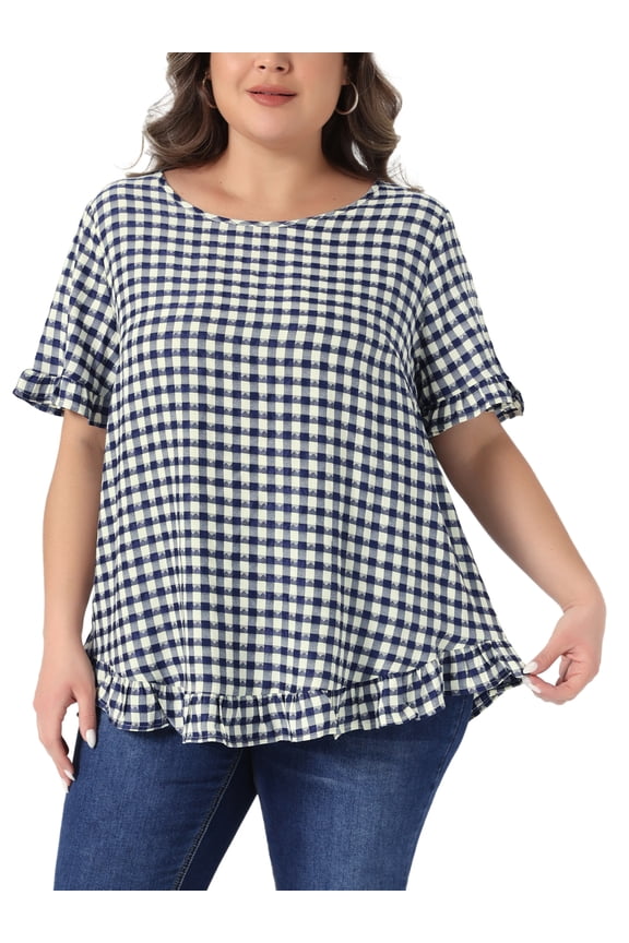 Women's Plus Size 1950s Gingham Tops Back Button Round Neck Ruffle Sleeve Casual Plaid Blouses 1X Navy Blue