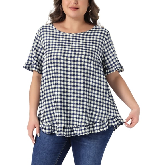 Agnes Orinda Women's Plus Size Valentines Day 1950s Gingham Tops Back Button Round Neck Ruffle Sleeve Casual Plaid Blouses 1X Navy Blue