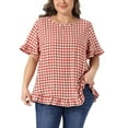 thumbnail image 1 of Agnes Orinda Women's Plus Size 1950s Gingham Tops Back Button Round Neck Ruffle Sleeve Casual Plaid Blouses 1X Red, 1 of 5