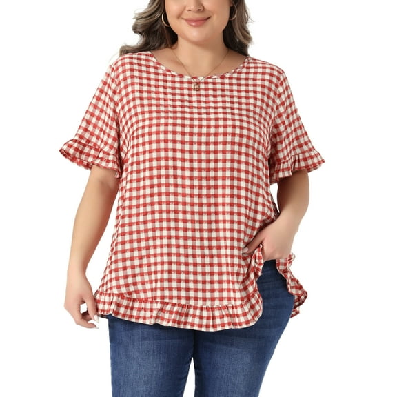 Agnes Orinda Women's Plus Size Valentines Day 1950s Gingham Tops Back Button Round Neck Ruffle Sleeve Casual Plaid Blouses 1X Red