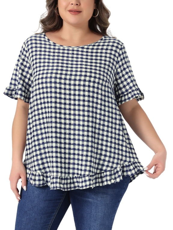 Women's Plus Size 1950s Gingham Tops Back Button Round Neck Ruffle Sleeve Casual Plaid Blouses 4X Navy Blue