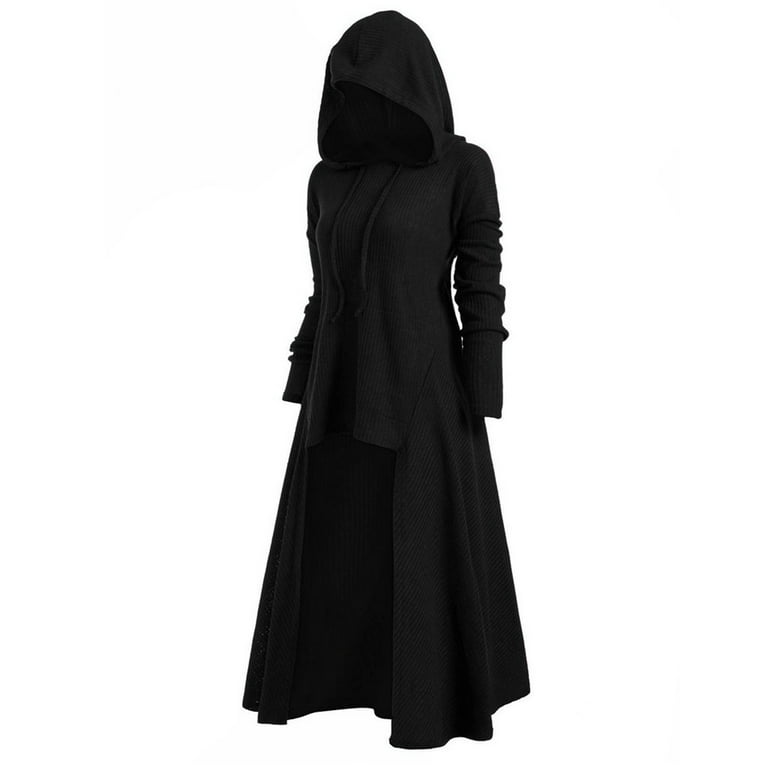 Plus Size Gothic Hooded Dress Coat for Women Vintage Casual Long Sleeve  Hoodie Hi-lo Elasticity Dress Pleated Flowy Swing Elastic Sweater Coat