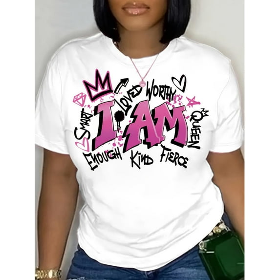 Plus Size Graffiti Printing Round Neck Short-Sleeved T-shirt, Spring/Summer Casual Top for Women Tee For Adult, Men, Women, Teen, Teenager, Adolescent, Youth
