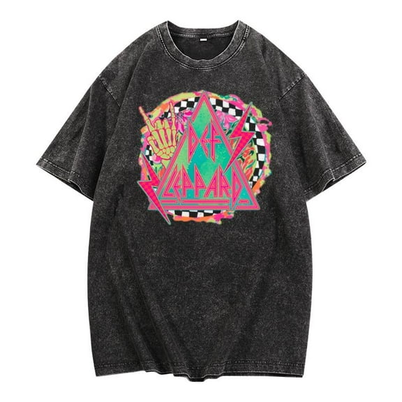Plus Size Graphic Tee - Distressed Wash Vintage Band Print T Shirt, Colorful Checkered & Lightning Design, Rock Music Tops, Short Sleeve T-Shirts (Oversize S-5XL)
