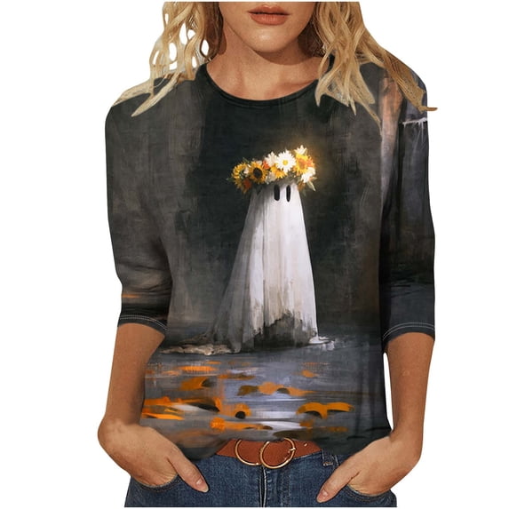 Plus Size Graphic Tops Womens Halloween Outfits 3/4 Sleeve Funny Holiday Crew Neck Tshirt Pullover Dark Gray 3XL