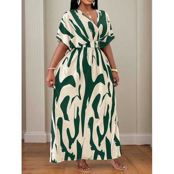 Plus Size Green And Cream Abstract Print Wrap Maxi Dress With Batwing Sleeves, Casual Resort Elegant Summer