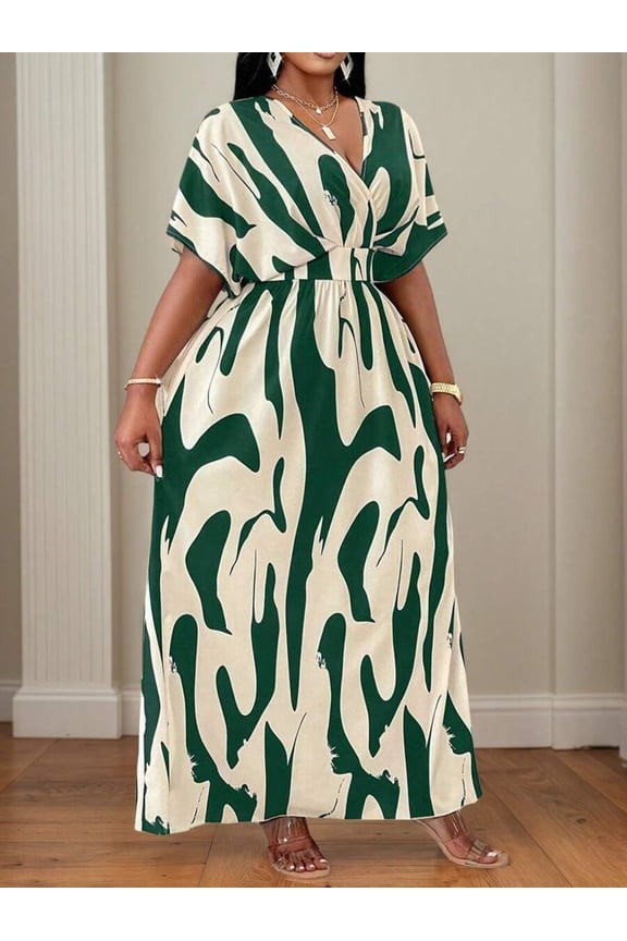 Plus Size Green And Cream Abstract Print Wrap Maxi Dress With Batwing Sleeves, Casual Resort Elegant Summer