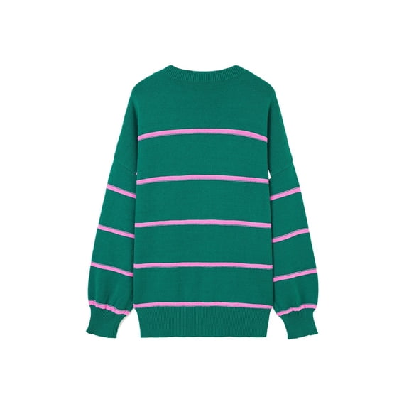 Plus Size Green Stripe Drop Shoulder Sweater – Stylish V Neck Design for Everyday Comfort [ZhiHiMeRi] | 2X