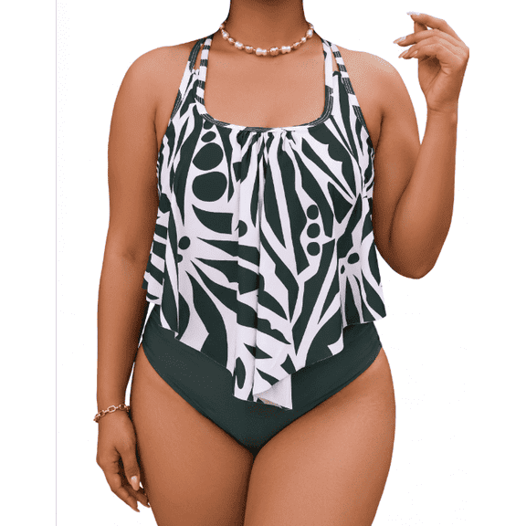 Plus Size Green and White Abstract Print Two Piece Swimsuit - Ruffle Overlay Halter Top, Tummy Control High Waist Bottom - Flattering Coverage for Curvy Figures - Women's Swimwear for Beach and Pool