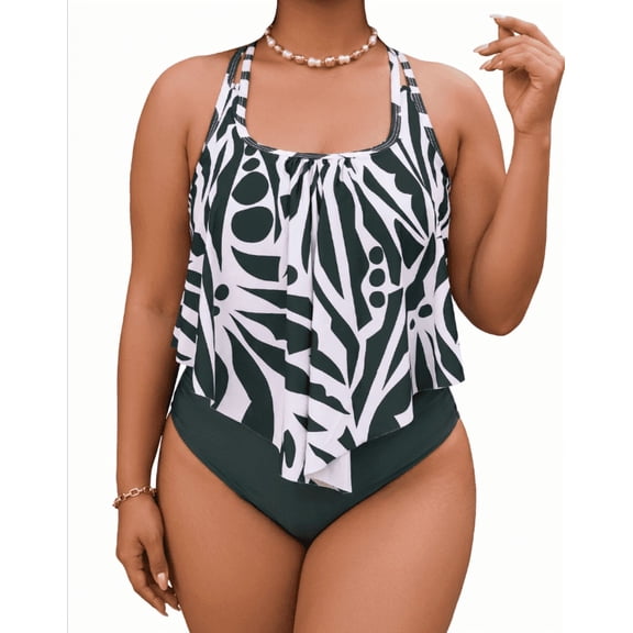 Plus Size Green and White Abstract Print Two Piece Swimsuit - Ruffle Overlay Halter Top, Tummy Control High Waist Bottom - Flattering Coverage for Curvy Figures - Women's Swimwear for Beach and Pool