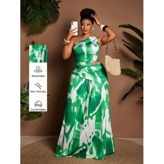 Plus Size Green & White Tie Dye One Shoulder Ruched Waist Cutout Maxi Dress For Spring Summer Vacation Party