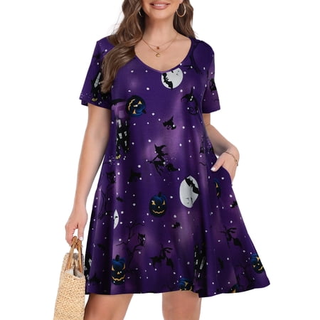 VEPKUL V Neck Short Sleeve Casual Swing T Shirt Dress with Pockets Plus Size Dresses for Women Flower61_3X