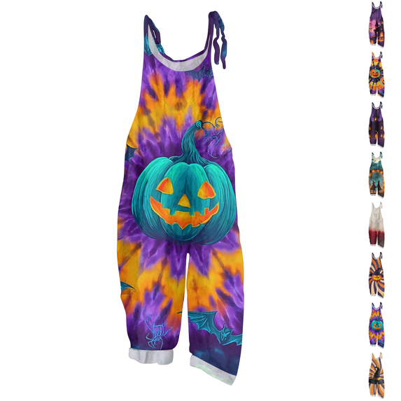 Plus Size Halloween Boho Overalls for Women Floral Print Linen Jumpsuits 2026 Spaghetti Strap Rompers