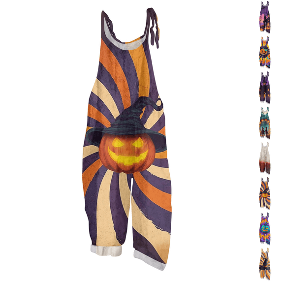 Plus Size Halloween Boho Overalls for Women Floral Print Linen Jumpsuits 2026 Spaghetti Strap Rompers