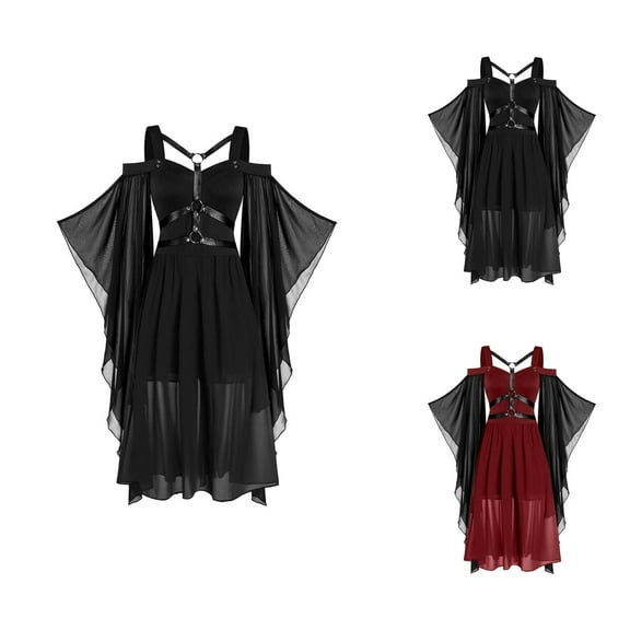 Plus Size Halloween Woman 2025 Outfits Dresses for Women Plus Size Fashion Gothic Mid-Length Flare Sleeve A-Line Party Dress