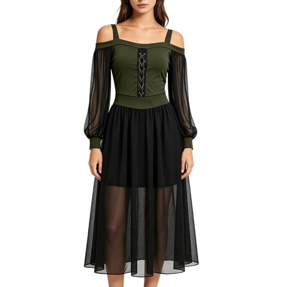 Plus Size Halloween Dress for Women Cold Shoulder Lace Up Long Sleeve Mesh Gown Costume Party
