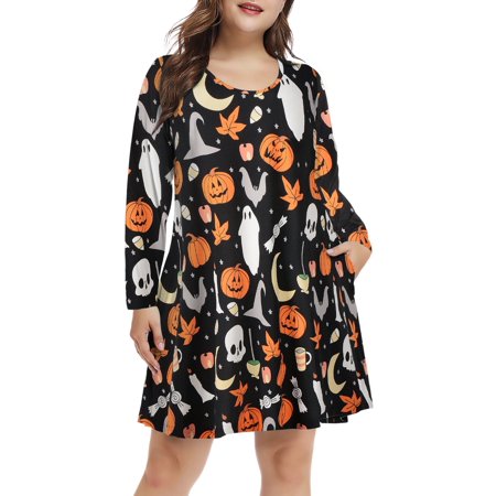 Plus Size Halloween Dresses 1X for Women, VEPKUL Crew Neck T Shirt Dress Long Sleeve Casual Loose Swing Fall Dress with Pockets