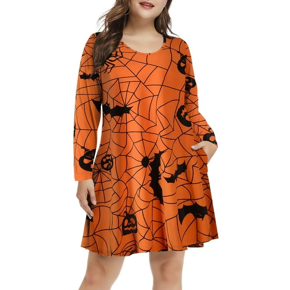 Plus Size Halloween Dresses for Women, VEPKUL Crew Neck T Shirt Dress Long Sleeve Casual Loose Swing Fall Dress with Pockets