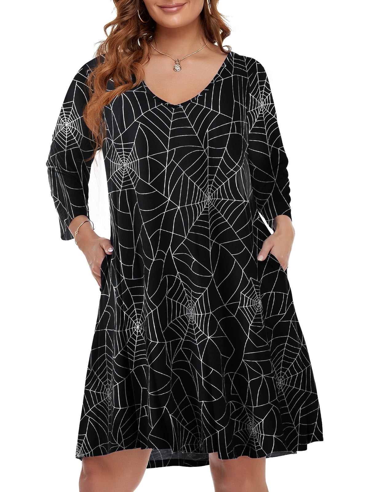Olive 3/4 Sleeve V-Neck Flounced Dress - Plus