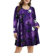 Plus Size Halloween Dresses 3X for Women, VEPKUL Crew Neck T Shirt Dress 2024 Long Sleeve Casual Loose Swing Fall Dress with Pockets