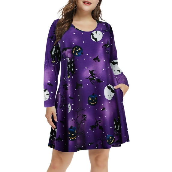 Plus Size Halloween Dresses 5X for Women, VEPKUL Crew Neck T Shirt Dress Long Sleeve Casual Loose Swing Fall Dress with Pockets