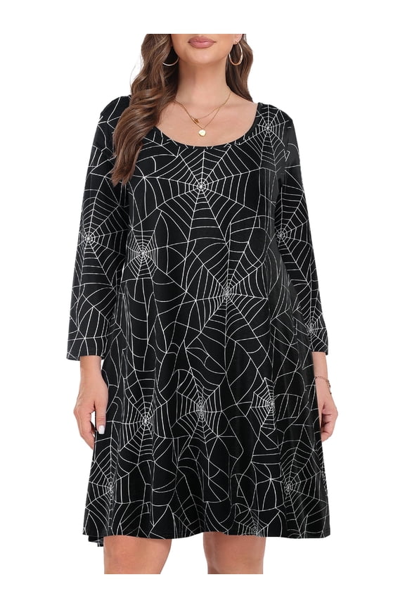Casual Plus Size Dresses 3/4 Sleeve Loose Fits Dress Crew Neck Flowy Swing with Pockets Flower92_3X