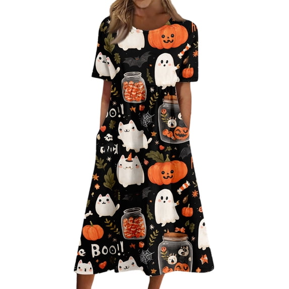 Plus Size Halloween Dresses for Women Casual Midi A-Line with Pockets Short Sleeve Crew Neck Loose Fit Fall Outfits for Wedding Guest Travel 2026 Black L