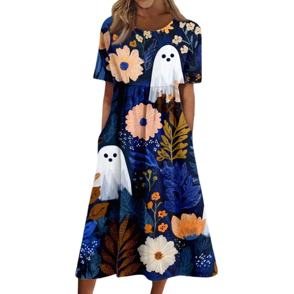 Plus Size Halloween Dresses for Women Casual Midi A-Line with Pockets Short Sleeve Crew Neck Loose Fit Fall Outfits for Wedding Guest Travel 2026 Blue XL