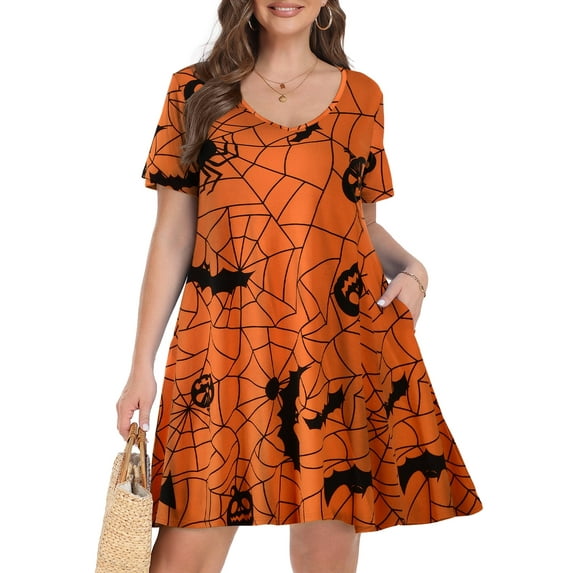 VEPKUL V Neck Short Sleeve Casual Swing T Shirt Dress with Pockets Plus Size Dresses for Women Flower58_1X