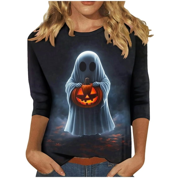 Plus Size Halloween Outfits for Women 3/4 Sleeve T-shirts Ghost Printed Funny Graphic Tee Crew Neck Holiday Tops (XL, Multicolor)