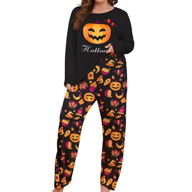 Plus Size Halloween Pajamas for Women Long Sleeve Pumpkin Ghost Printed